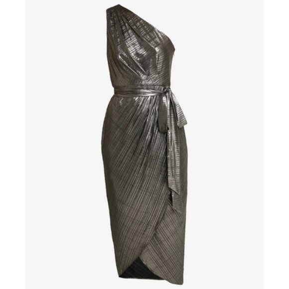 💕TED BAKER💕 Gabria One Shoulder Drape Midi Dress ~ Metallic Gold US 12 NWT - Picture 12 of 16